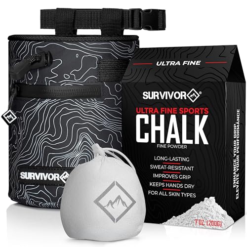 SURVIVOR Chalk Bag + Refillable Chalk Ball + 200g Ultra Fine Climbing Chalk Powder Bundle