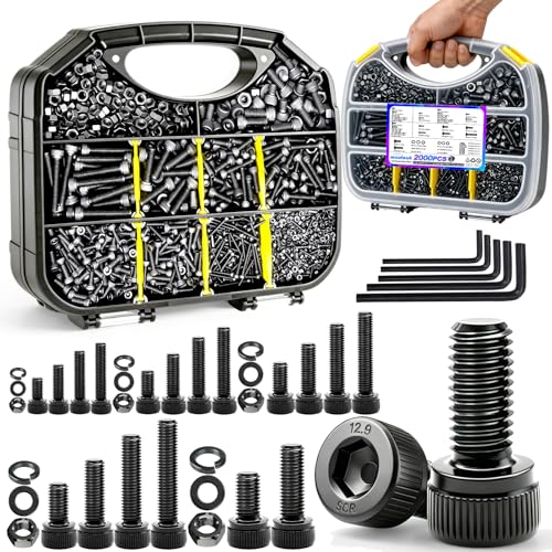 mxuteuk 2000PCS Metric Screw Assortment Kit,M6 M5 M4 M3 M2 Machine Screws,12.9 Carbon Steel Black Zinc Plated Hex Socket Head Cap Bolts Nuts and Washers Kit for 3D Printing DIY - size: 2000PCS M2 M3 M4 M5 M6, style: Hex Socket Head