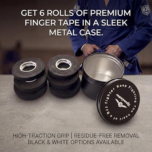 BJJ Finger Tape with Metal Storage Tin - 6 Rolls (26ft) Grappling Tape, MMA | Breathable cotton, residue-free tape offers strong finger support. Great for wrestling, rock climbing, Jiu Jitsu. 0.3in wide - color: Black