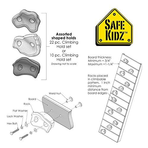 10 Assorted Deluxe Rock Climbing Holds for Kids :: Outdoor Climbing Stones Kit with 20 Swing Safe Fasteners + Drill Bit :: Easy to Install on Lumber from 3/4" to 1.25" Thick - style: 10 Rocks