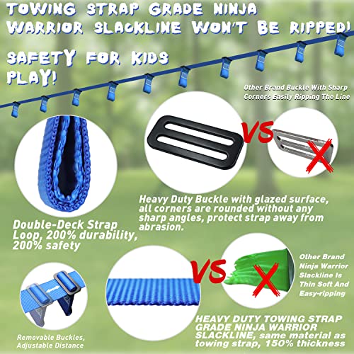 Ninja Warrior Obstacle Course for Kids - 50ft Slackline, 12 Removable Buckle Loops, 12 Ninja Attachments, Outdoor Training Equipment - style: Ninja Slackline