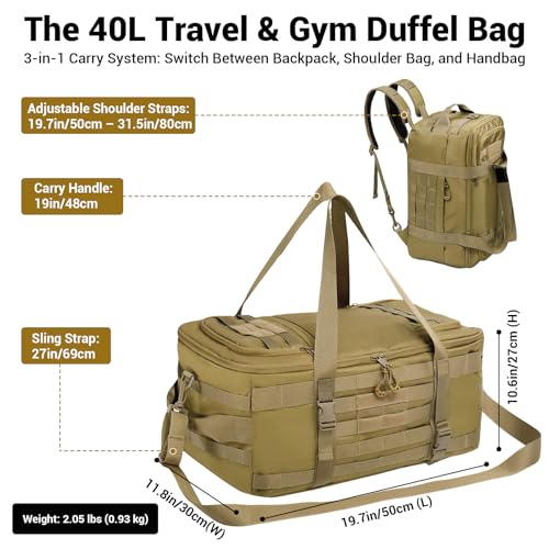 kokkoya Tactical Gym Bag for Men 40L Tactical Duffel Bag Backpack Gym Bag Large With MOLLE Water Resistant 600D Degree Full Opening Powerlifting for Travel Crossfit Football