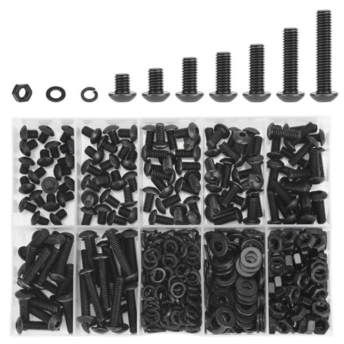 DYWISHKEY 386 Pieces M4 Black Screws, 10.9 Grade Alloy Steel M4x 5/6 /8/10 /12/16 /20mm Button Head Socket Cap Screws Bolts Nuts Washers Assortment Kit - size: M4, style: Button Head Socket Cap