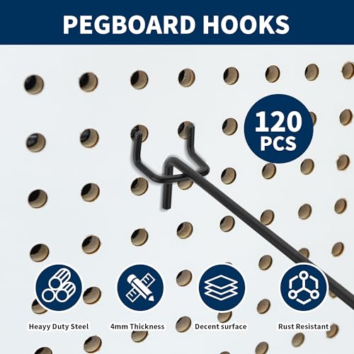 120 Pcs 8 Inch Pegboard Hooks, Black, Metal | Heavy Duty, 1/8" and 1/4" Peg Hook, For 1" Spaced Pegboards, Peg Wall Hooks for Hanging