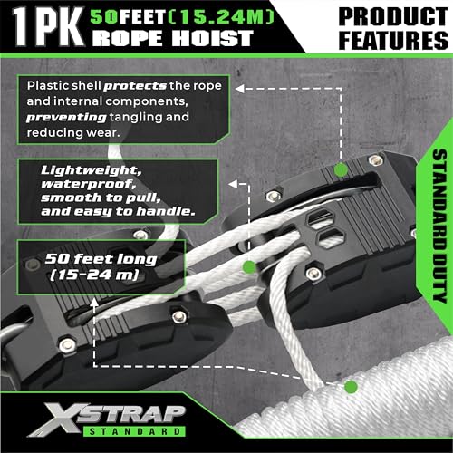 XSTRAP STANDARD Heavy-Duty 50 FT Reflective Rope Hoist Pulley System, White | Metal Wheels Bearing 2000 LB Breaking Strength Block and Tackle Pulley System for Lifting Heavy Objects, with 2pcs Soft Loops - color: 50ft White Upgraded