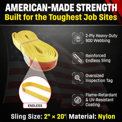 DD Sling 2" x 20' Nylon Endless Lifting Sling – USA Made | 12,800 lb Vertical, 10,200 lb Choker, 25,600 lb Basket – 2 Ply Heavy Duty 900 Webbing, Type 5 Endless Rigging Sling - size: 2"x20'