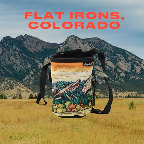Rock Climbing Chalk Bag | for Outdoor, Gym, & Bouldering | Adjustable Waist Belt, Durable Drawstring Closure, & Zippered Pocket - style: Flat Irons