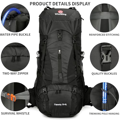 75L Hiking Backpack with Rain Cover Waterproof Camping Backpack Shoes Warehouse for Men Women, Frameless - color: Black, size: 75L