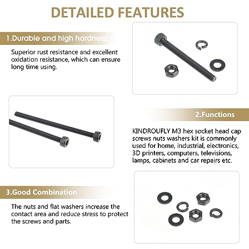 402 Pieces Black M3 x 30/35 /40/45 /50 mm Hex Socket Head Cap Screws Nuts Washers Assortment Kit, 12.9 Grade Alloy Steel - size: M3 x 30/35/40/45/50mm, style: Socket Head