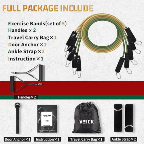 VEICK 10-150LBS Resistance Bands with Handles, Ankle Straps, Door Anchor | Accredited Lab Certified, 100% Natural Latex, Versatile for Yoga, Pilates, Strength, Home Gym - color: Army Green, style: 30-250LBS