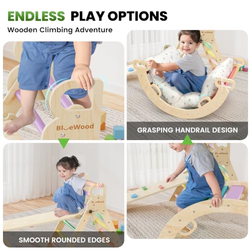 BlueWood Pikler Triangle Set with Cushion, Wooden Climbing Toys for Toddler | Foldable 8-in-1 Montessori Philosophy Toddler Climbing Toys Indoor with Reversible Ramp, Arch and Ladder - Sunshine Rainbow - color: Sunshine Rainbow
