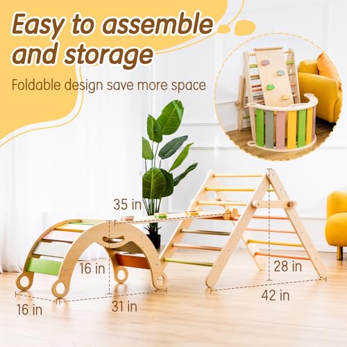 deli 7 in 1 Pikler Triangle Set, Large Size Toddler Climbing Triangle Set, Wooden Baby Jungle Gym Indoor, Foldable Montessori Climbing Set with Ramp, Arch & Climbing Triangle | Toddler Climbing Triangle Set, Wooden Baby Jungle Gym Indoor, Foldable Montess