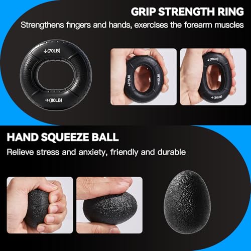 7PCS Grip Strength Trainer Kit, 2 Adjustable Forearm Resistance Grips, Finger Stretchers, Grip Ring, Hand Squeeze Ball, Finger Exercises, User Manual, Suitable for Hand Training, Suitable for Everyone
