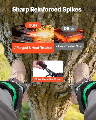 VEVOR Tree Climbing Spikes Set, 1 Pair Height-Adjustable Climbing Spurs with Security Harness and Utility Rope, 350lbs Load Capacity Tree Climbing Gear, Arborist Equipment for Climbers, Fruit Picking - color: Green