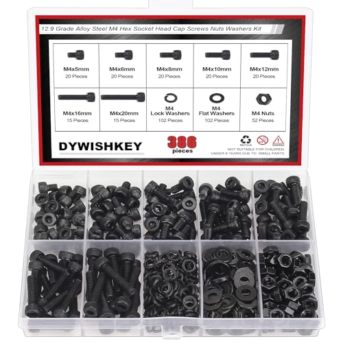 DYWISHKEY 386 Pieces M4 Black Screws, 12.9 Grade Alloy Steel M4x 5/6 /8/10 /12/16 /20mm Hex Socket Head Cap Screws Bolts Nuts Washers Assortment Kit - size: M4, style: Socket Head