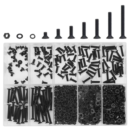 DYWISHKEY 566 Pieces M2.5 Black Screws, 10.9 Grade Alloy Steel M2.5X 4/6 /8/10 /12/16 /20mm Countersunk Head Socket Cap Screws Bolts Nuts Washers Assortment Kit - size: M2.5, style: Countersunk Head Socket Cap