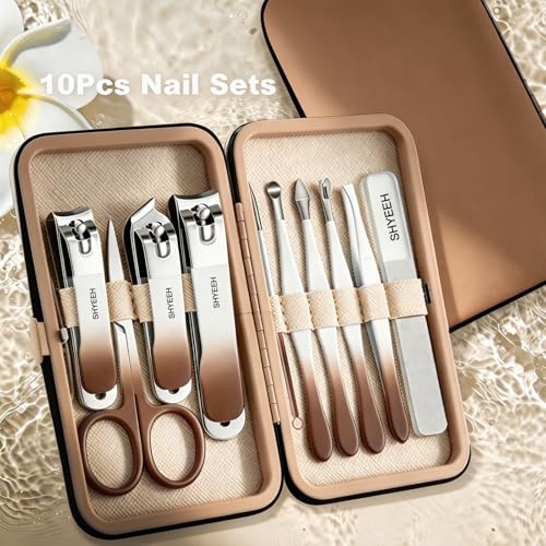 Manicure Set, 10 pcs High-Carbon Steel Nail Clippers Set, Portable Mini Manicure and Pedicure Kit, Travel Grooming Nail Kit with Leather Bag for Men and Women - color: Brown