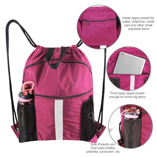 BeeGreen Drawstring Backpack Bag with Shoe Compartment, X-Large Black Gym Sports String Cinch Backpack - color: Rose Red