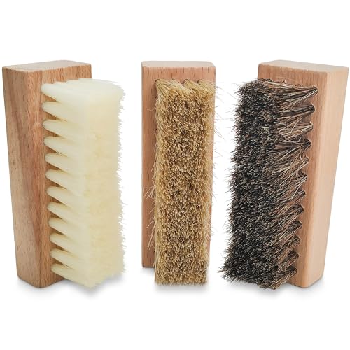 Small Shoe Cleaning Brush Set of 3 Brushes with Nylon, Boar and Horsehair Bristles, Wooden Sneaker Cleaner Brushes for Leather, Suede, Canvas, Textile, Bags and Accessories (3)