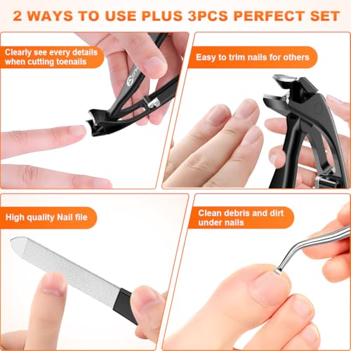 Toenail Clippers for Seniors, 2026 Upgrade Angled Head Nail Clippers for Men with Catcher, CLPPNA Ergonomic Toenails Clipper for Thick Toenails Long Handle, Sharp Wide Jaw Fingernail Clippers Adult - style: 3PCS(2025 Angled Black ）
