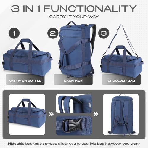 3-in-1 Duffle Bag Backpack with Shoe & Laptop Pocket, Cup Holder, Ventilated Gym & Travel Bag (Navy Blue) - color: Navy Blue