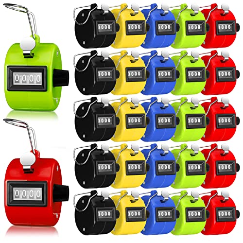 Kingdder 25 Pcs Hand Held Tally Counter 4 Digit Mechanical Palm Click Counter Handheld Tally Number Clicker for Counting Numbers Golf Sports Events Office Stadium - color: Multi Colors