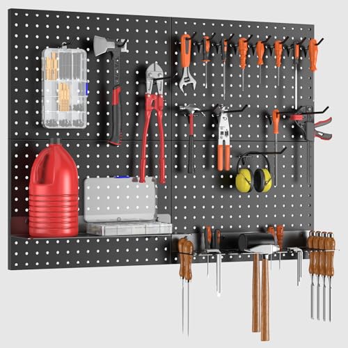 Heavy Duty Metal Pegboard Wall Organizer with 30 Hooks, Shelf and Tool Rack | Extra thick rustproof metal with 2 storage boxes, drywall anchors and screws for garage, workshop, gym and tool storage