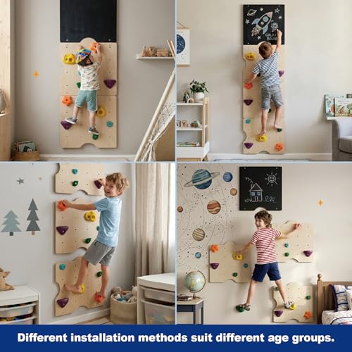 Wooden Rock Climbing Wall for Kids with 15 Rock Climbing Holds | Montessori Climbing Wall for Kids Indoor with Drawing Blackboard, Pre-Drilled Nuts, Home Gym Kids Playroom, Easy Assembly