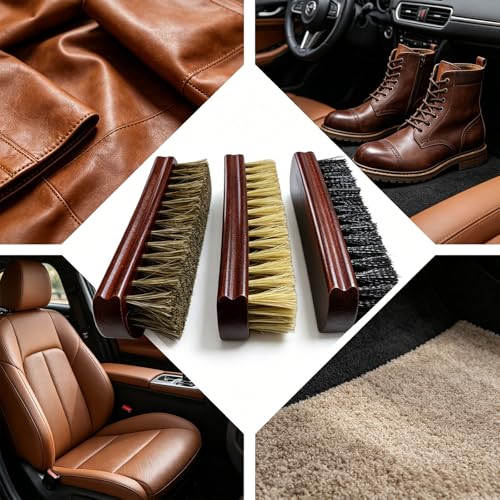 6" Shoe Brush Set, 3-Stiffness Horsehair Boar Nylon | 100% Horsehair, Boar Bristle, Stiff Nylon Bristle; For Leather & Boots Cleaning & Polishing; Beech Wood Handle