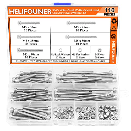 HELIFOUNER 110 Pieces M5 x 30mm /35mm /40mm /45mm /50mm, Hex Socket Head Cap Metric Screws Bolts Washers Nuts Kit, 304 Stainless Steel - size: M5 x 30/35/40/45/50mm