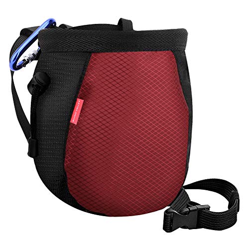 Rhino Valley Climbing Chalk Bag, No Leak Drawstring Chalk Bag with Adjustable Belt, Carabiner Clip and Zippered Pockets Chalk Bag for Rock Climbing, Cross Fit, Weight Lifting & More - color: Black/Red