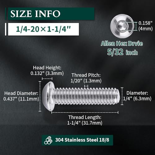1/4-20 x 1-1/4" Button Head Socket Cap Bolts Screws, 304 Stainless Steel 18-8, Allen Hex Drive, Bright Finish, Fully Machine Thread, Pack of 25 - size: 1/4-20 x 1-1/4