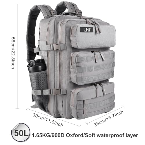 LHI Tactical Military Backpack for Men and Women 25L/35L Army Assault Pack Bag Small Rucksack with Bottle Holder - color: 50l-shoe Compartment(grey), size: Large