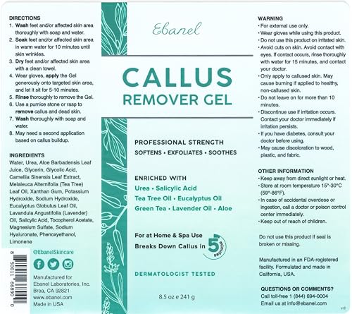 Ebanel Salon Grade Callus Remover for Feet with 20% Urea, Pedicure Gel Peel | with Salicylic Acid, Glycolic Acid, Epsom Salt, Heel Toe Foot Callus and Dead Skin Remover Gel for Feet, Cracked Heel Repair - size: 8.5 Ounce (Pack of 1)