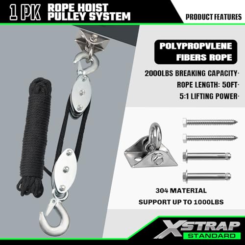 XSTRAP STANDARD Rope Hoist Pulley System, 1000LB Capacity Block and Tackle, 5:1 Lifting Power 50ft Heavy Duty Pulley Block for Hunting Lifting Objects with Work Gloves, 2pcs Soft Loops, 1 Swing Hanger - color: 50 Ft+Silver Black+1 Swing Hanger
