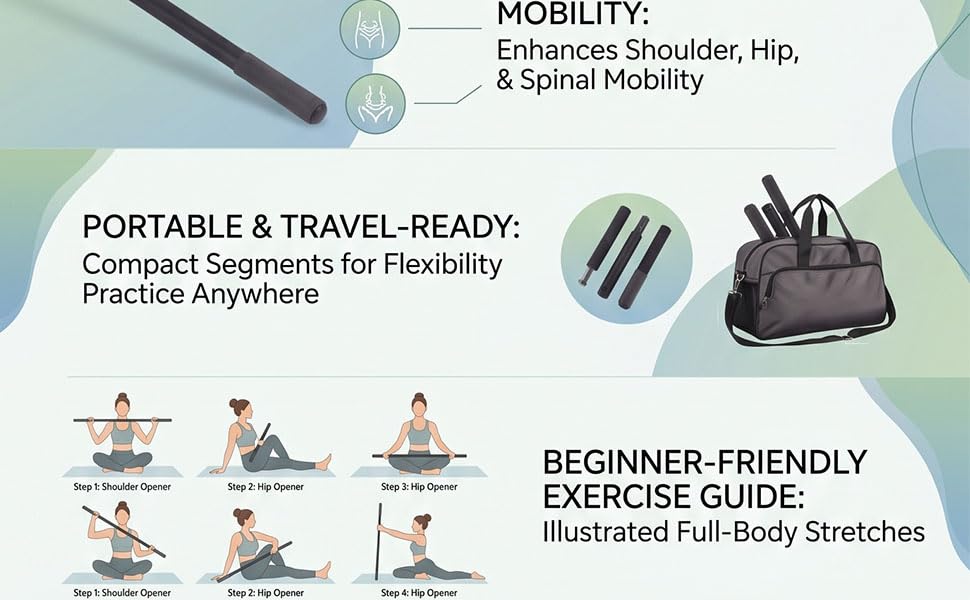 Yinhing Adjustable Yoga Bar Yoga Stick Exercise Stick 3 Lengths 30 45 60 Inches Full Foam Sleeve Steel Core for Stretching Mobility Pilates Flexibility Training