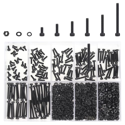 DYWISHKEY 566 Pieces M2 Black Screws, 12.9 Grade Alloy Steel M2x 4/6 /8/10 /12/16 /20mm Hex Socket Head Cap Screws Bolts Nuts Washers Assortment Kit - size: M2, style: Socket Head