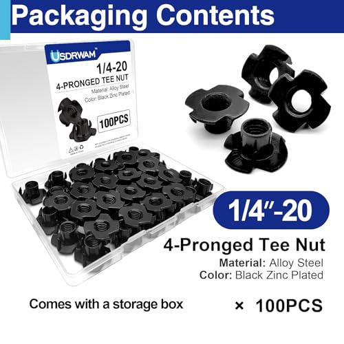 100PCS 1/4"-20 T Nuts for Wood, Carbon Steel 4-Prong Tee Nuts | Threaded inserts for wood panels, furniture and climbing wall holds - color: 100 Pack 1/4"-20