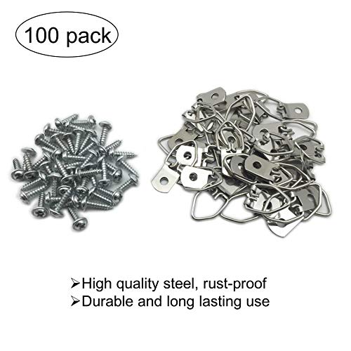 100 Pack Small D-Ring Steel Picture Hangers with Screws (Silver) | Metal Picture Hanging Kit, Picture Frames Hangers, For Hanging Photo Frames, Artwork, Paintings, Clock, Canvas Hooks - size: 100 Pack-Single hole