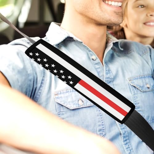 2 Pack Universal Soft and Comfortable Car Seat Belt Pad for Girls and Boys, Stroller Pushchair High Chair, Thin Red Line American Flag Shoulder Protector - color: Pattern 58
