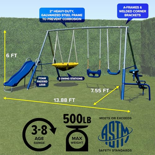 Sportspower Taylor 700lbs Galvanized Metal Swing Set for Kids for Backyard & Outdoors with Teeter-Totter, Saucer & Standing Swings, & 5ft Slide, 7.55' D × 13.88' W × 6.07' H, Bonus Anchor Kit