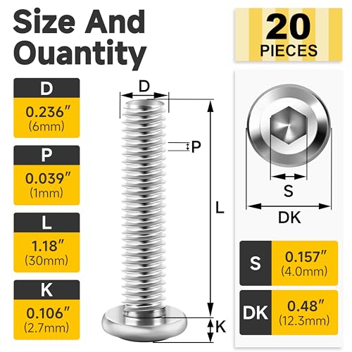 Mywish M6 x 30mm 20Pcs Flat Head Hex Socket Cap Screws Bolts, 304 Stainless Steel Furniture Bolts Full Thread, Bright Finish & Hex Spanner - color: Silver-M6, size: 30mm