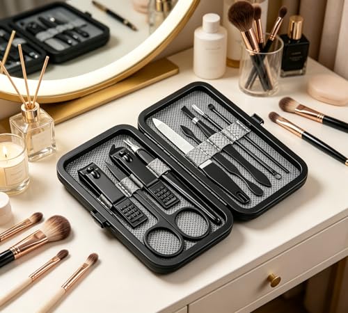 Luxury 9-in-1 Manicure Set – Premium Stainless Steel Grooming Kit with Elegant Leather Case-Black