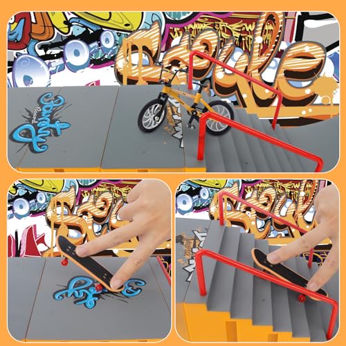 CS COSDDI Finger Skateboard Park Kit, 14 in 1 Skate Park Set with 8 Fingerboards, 14 Ramps, Half Pipe & Finger Bike, Mini Skate Toy for Kids & Adults,Yellow - color: Style -1810-12c