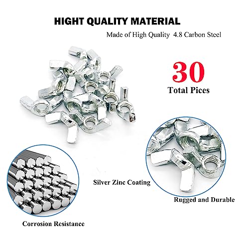 30 PCS 1/4-20 Inch Wingnuts, Quality Carbon Steel Wing Nuts Zinc Plated Fasteners Parts Butterfly Nut, Hand Twist Tighten Hardware Nuts Butterfly Wing-Nut 1/4-20” Assorted Kit - size: 1/4"-20 - Carbon Steel - 30 Pcs