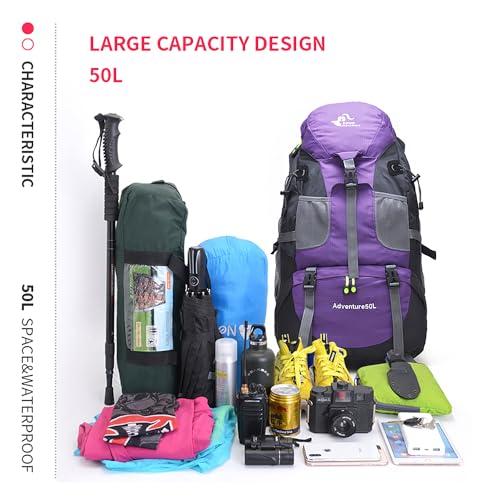 Bseash 50L Hiking Backpack, Water Resistant Lightweight Outdoor Sport Daypack Travel Bag for Camping Climbing Skiing Cycling (Purple - No Shoe Compartment) - color: Purple - No Shoe Compartment
