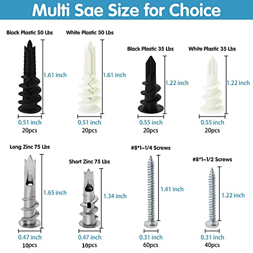 Dry Wall Anchors and Screws Kit, 200PCS Self Drilling Wall Anchors and Screws for Drywall,Sheetrock,Hollow Door,Plaster Wall - Zinc Metal & Nylon Plastic Assortment Drywall Anchors and Screws Kit