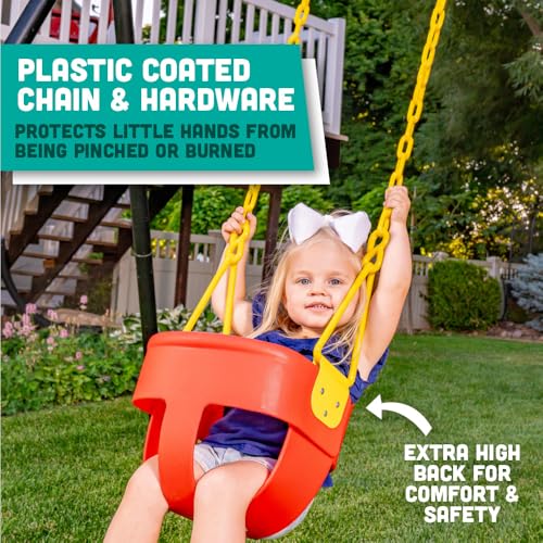 Premium High Back Full Bucket Toddler Swing Seat with Finger Grip, Plastic Coated Chains and Carabiners for Easy Install - Red - Squirrel Products - color: Red