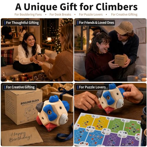 Boulder Block Rock Climbing Grip Trainer - 12 Unique Resin Holds with Color-Guided Training Paths, Premium Wood Finger Strength Trainer for Climbers, Portable Bouldering Gift for Men & Women