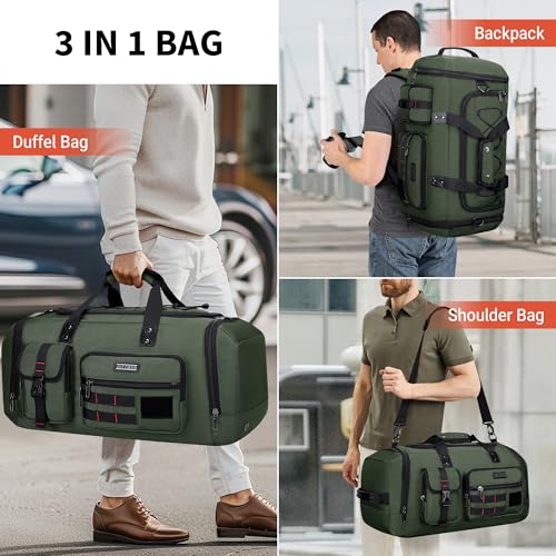 WITZMAN Duffle Bag for Men 3 in 1 Convertible 45L Nylon Gym Travel Backpack | Multi-pockets with Shoe Compartment and Dry-wet Pocket, One Duffel Bag for Sports, Weekender, Overnight, B693 Army Green - color: Army Green